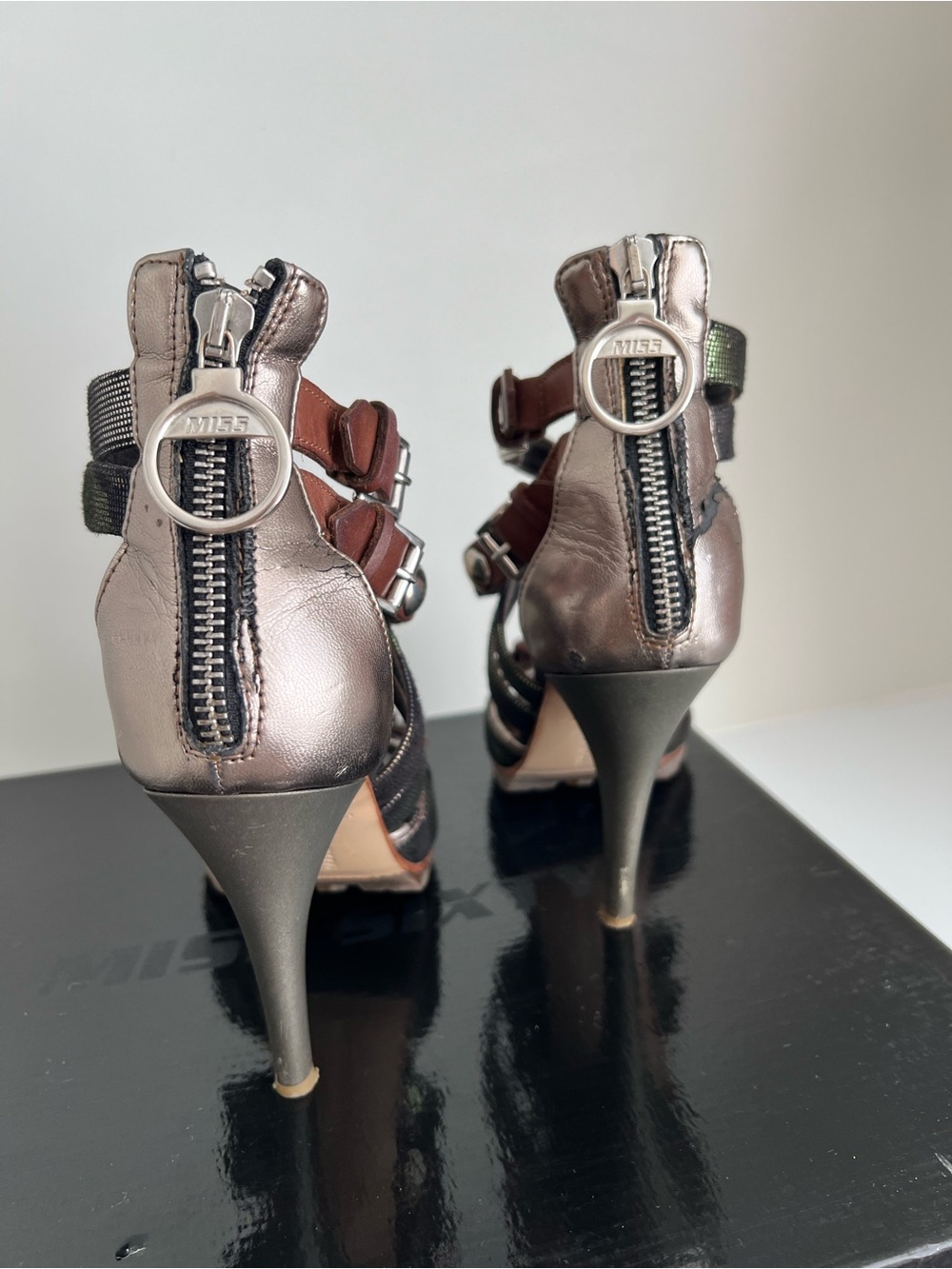Miss Sixty Iridescent Black Strappy High Heel Sandals with Brown Accents - Picture 8 of 16